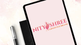 Signature logo design for Nity Shree lifestyle brand displayed on a tablet mockup, showcasing elegant typography and premium fashion branding by Media Sure.