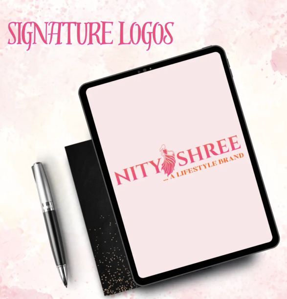 Signature logo design for Nity Shree lifestyle brand displayed on a tablet mockup, showcasing elegant typography and premium fashion branding by Media Sure.