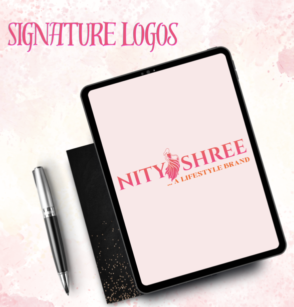 Signature logo design for Nity Shree lifestyle brand displayed on a tablet mockup, showcasing elegant typography and premium fashion branding by Media Sure.